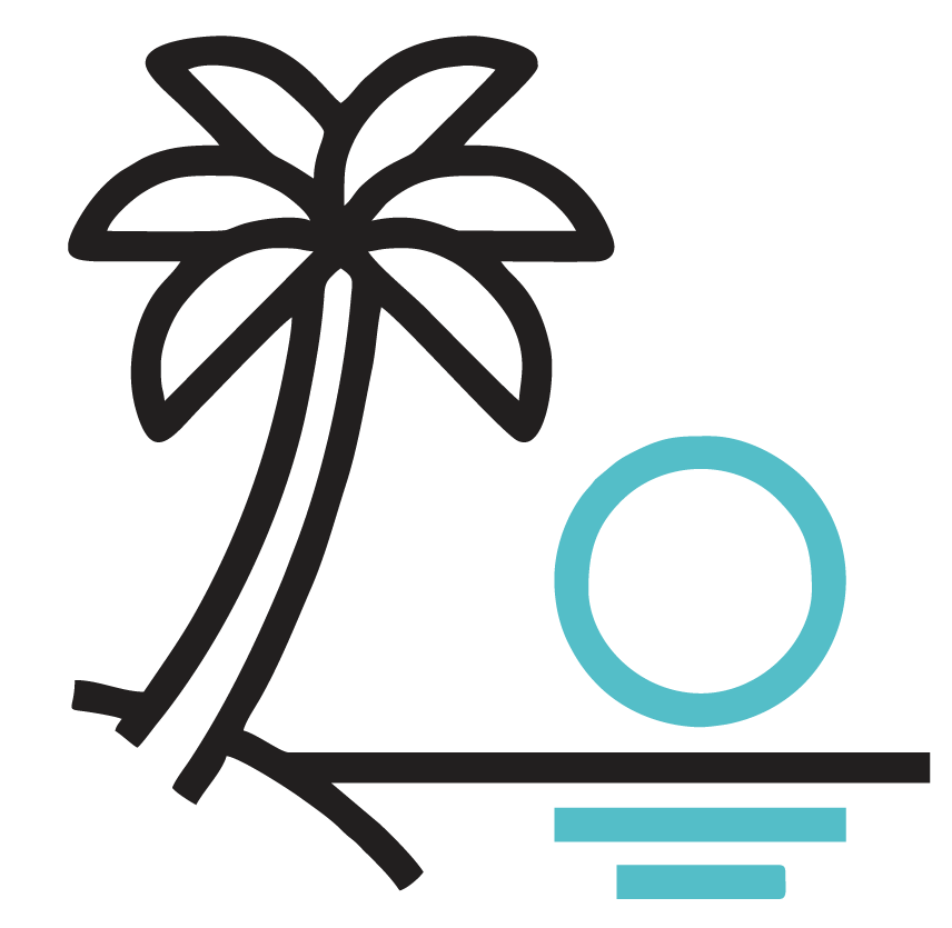 Icono de una palmera en la playa con el sol de fondo