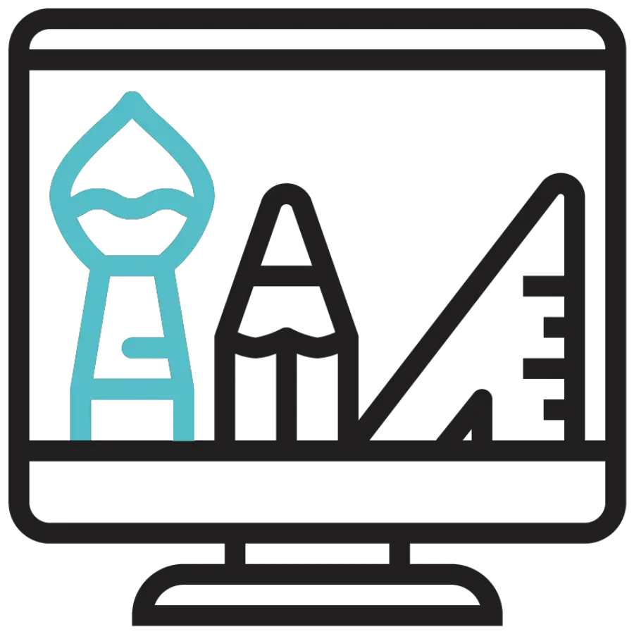 Icono de un monitor en el que se visualiza un pincel, un lápiz y una regla