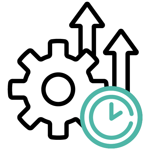 Icono de un engranaje con flechas ascendentes y un reloj
