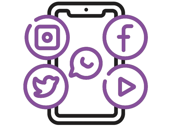 Icono de un celular del que salen los logos de las redes sociales