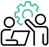 Icono de dos personas trabajando frente a una computadora con un engranaje detrás