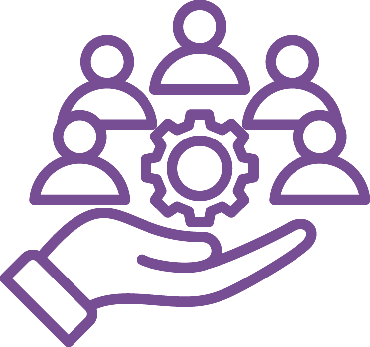 Icono donde se muestra una mano sosteniendo un engranaje junto a cinco personas